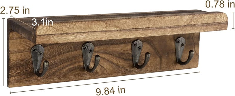 HRONRAD Rustic Key Holder for Wall, Farmhouse Wall Shelf with 4 Hooks, Wall Mounted Key Racks, Wooden Mail Organizer with Hooks for Entryway (Brown) - Image 4